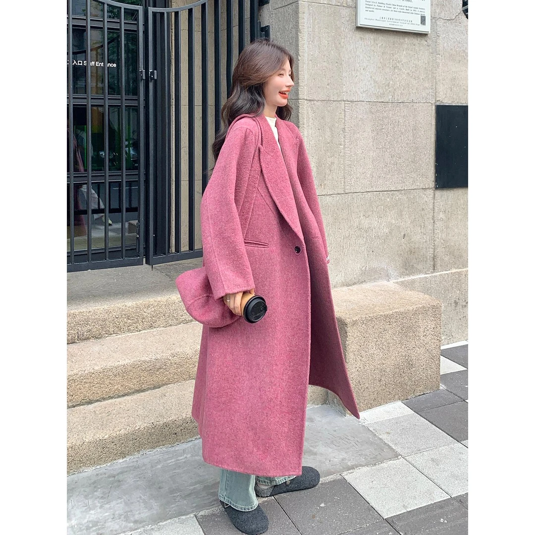 优雅御姐范玫粉色双面羊绒毛呢大衣女2025冬季气质长款呢子外套潮