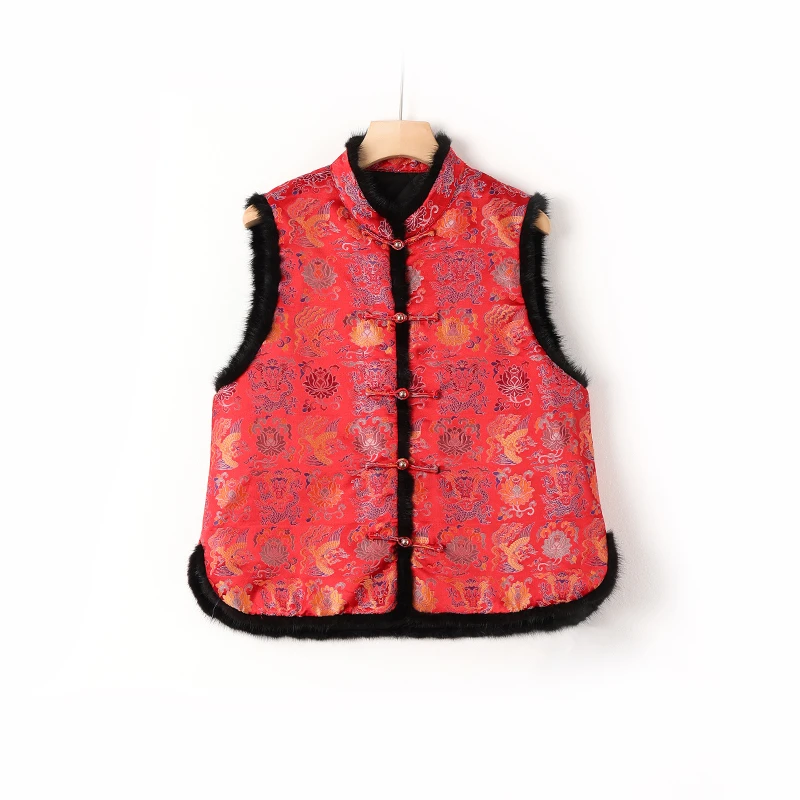 【大胡子肉肉专属】桑蚕丝宋锦龙凤穿莲水貂毛加厚马甲X12400