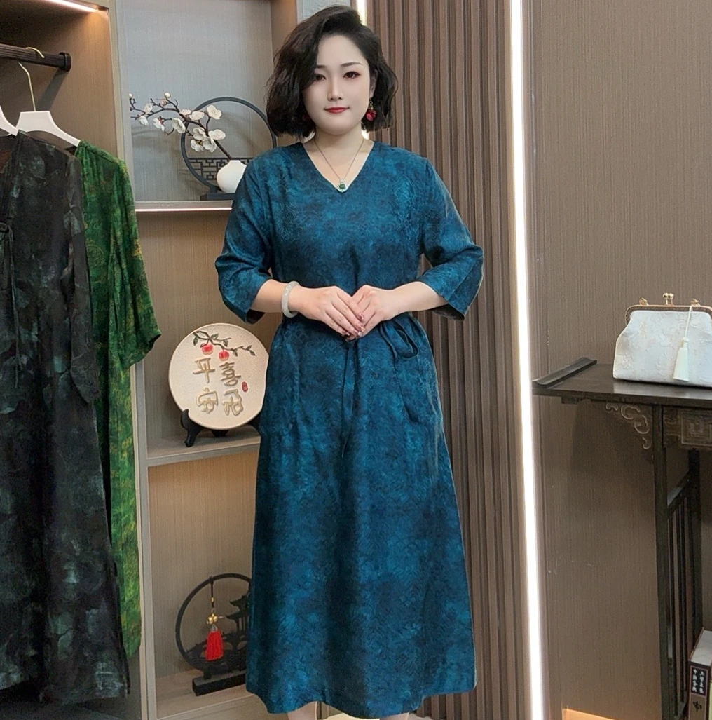 【惜墨】2025新款高端重磅双面双穿新中风印花时尚显瘦连衣裙