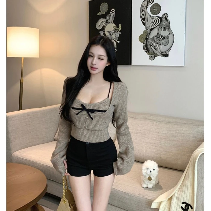 纯欲性感蝴蝶结吊带背心女秋季穿搭套装u领长袖针织衫上衣两件套