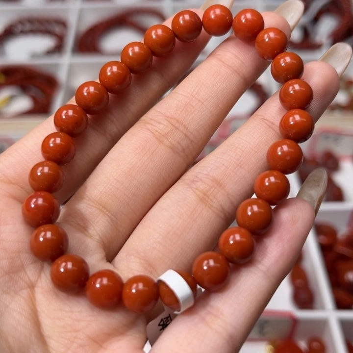 南红玛瑙未镶嵌手链满肉柿子红7.5+mm圆珠手串