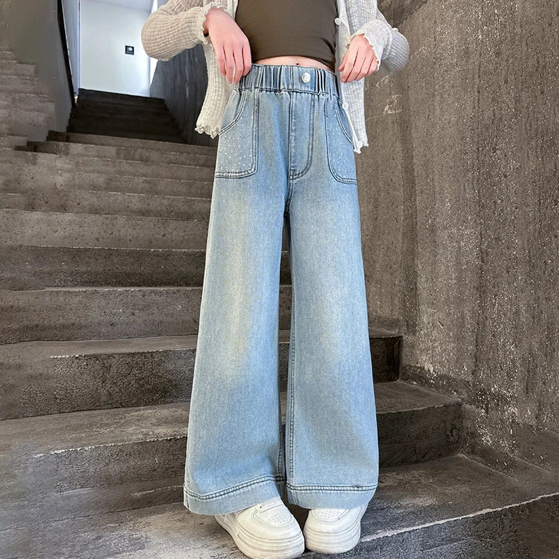 女童牛仔裤春装阔腿裤2025新款女生开春衣服烫钻直筒裤洋气时尚潮