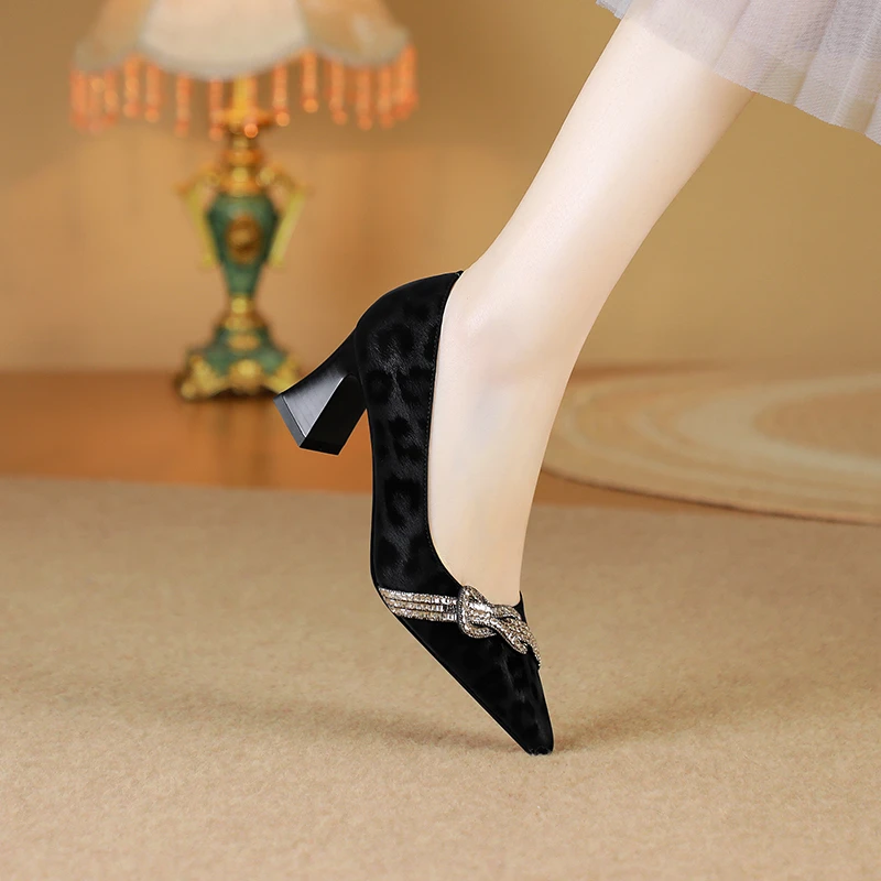 豹纹单鞋/牛皮/5cm/33-41/9068尖头高跟镶砖真皮女鞋配裙子粗跟