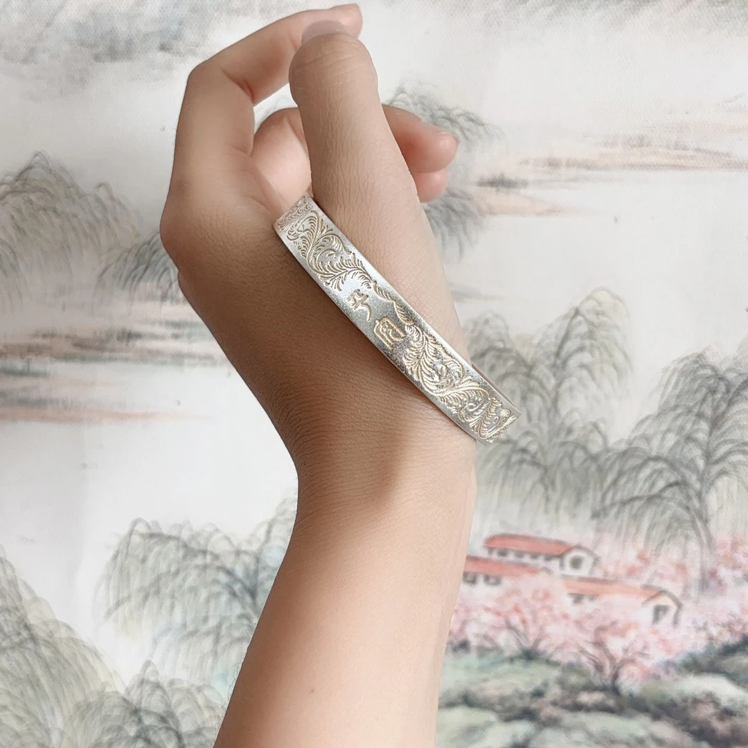 8128鎏金唐草纹内刻心经开口手镯（带礼盒）