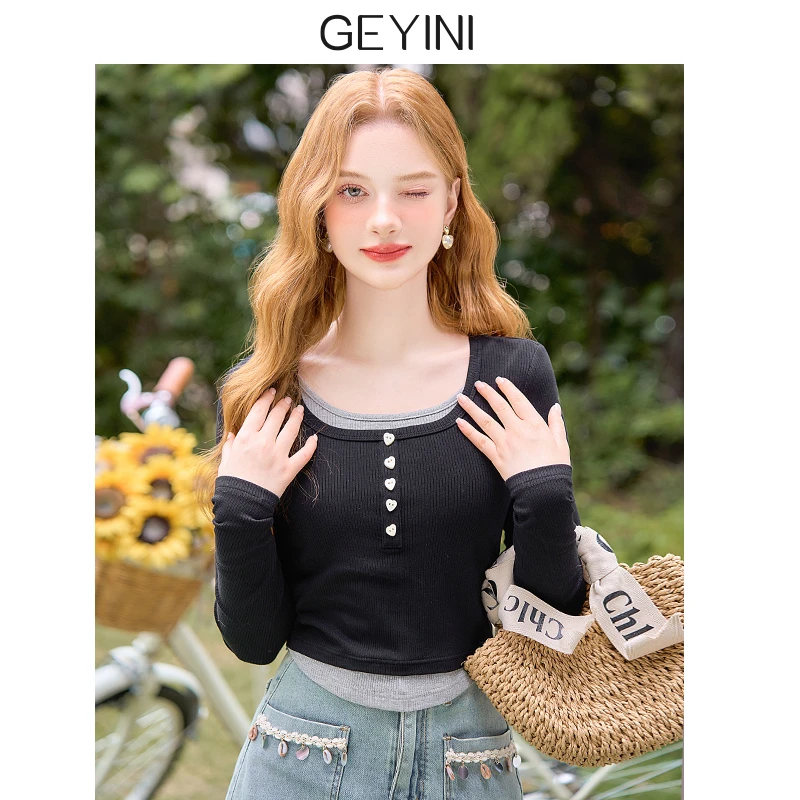 2025新款女甜美短款黑色假两件修身显瘦打底衫长袖T恤上衣