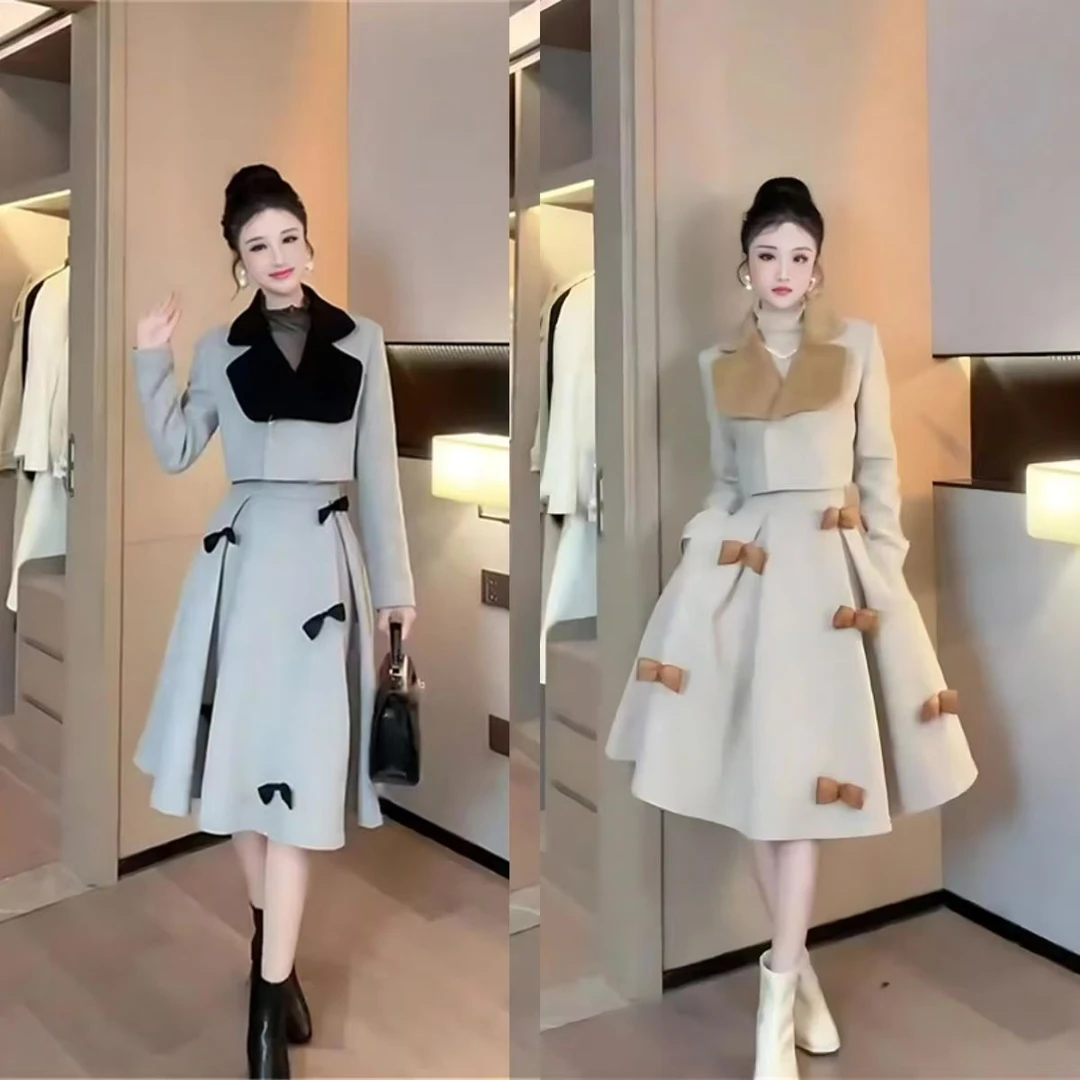 小名媛洋气两件套蝴蝶结修身减龄甜美女神法式高级西服半身裙套装