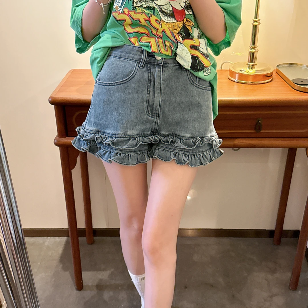 【张静芝】韩国新品~双层荷叶花边拼接夏季显瘦时髦女生牛仔短裤