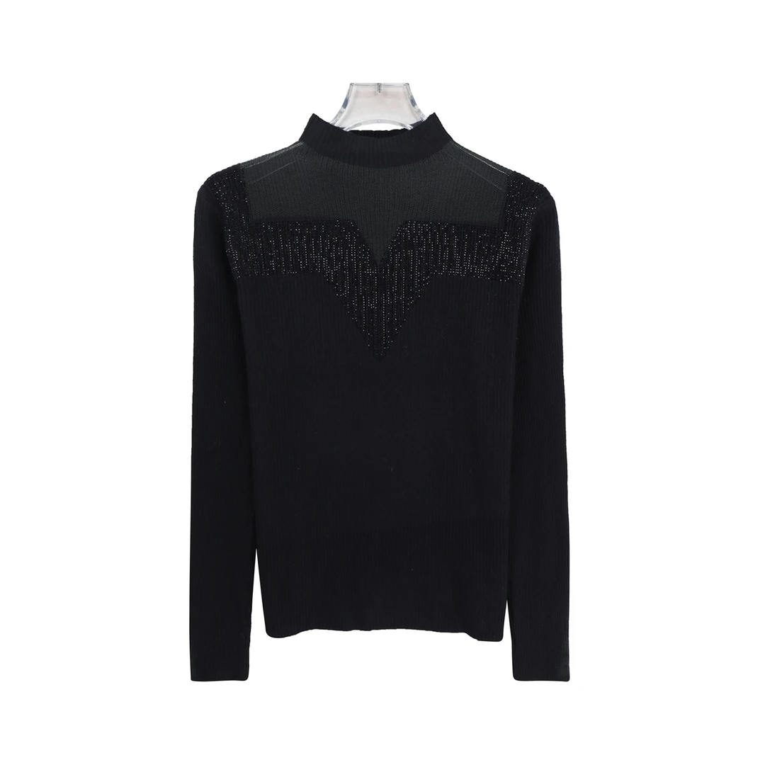 S气质网纱镂空烫钻修身长袖针织衫X27734