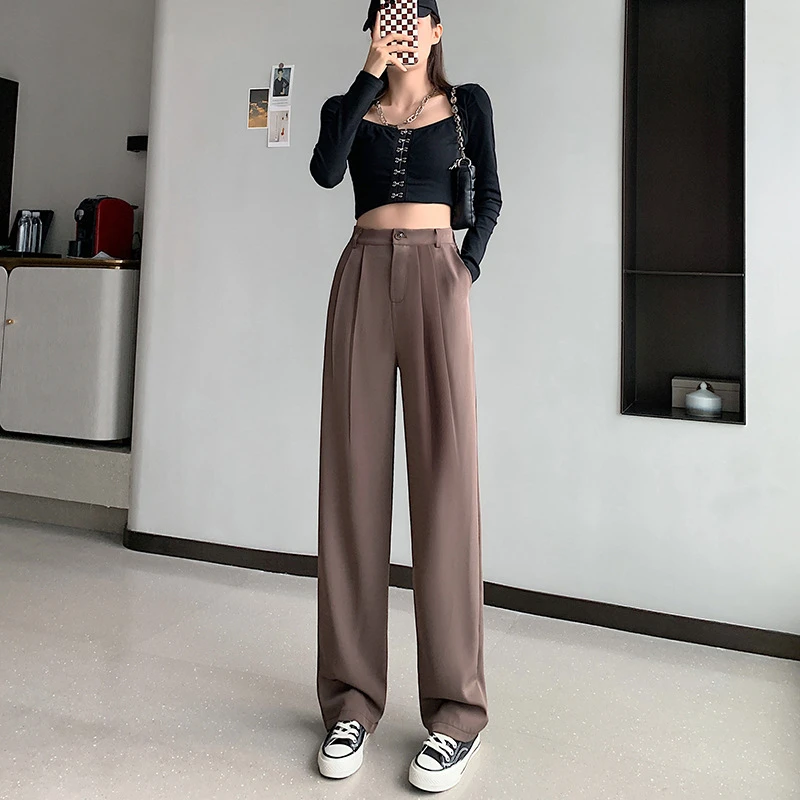 卡其色西装裤女2024春夏新款高腰宽松显瘦直筒垂坠感小个子阔腿裤