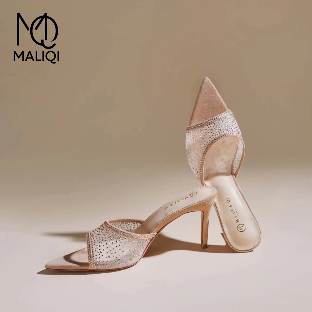 MALIQI玛莉琪 · 羊皮版~名媛水钻凉拖鞋露趾外穿凉拖气质尖头细跟
