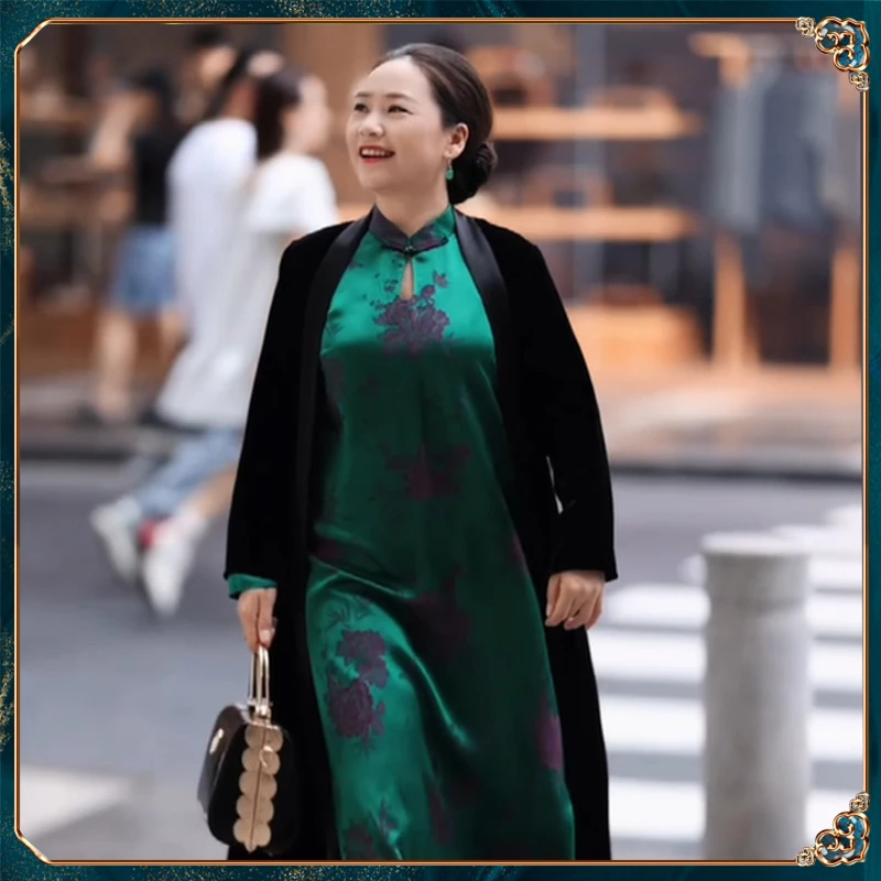 美爱《天山雪莲长袖》真丝提花春夏秋新款中式风宽松大气连衣裙Q420