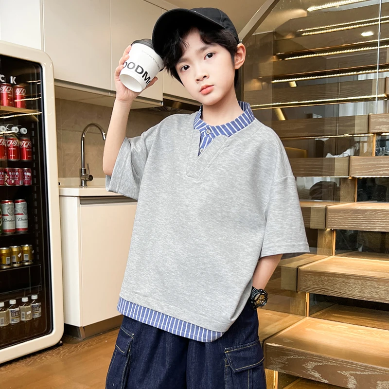 男童夏款短袖假两件T恤2025新款中大童酷帅网红潮【奇斯熊】B5070