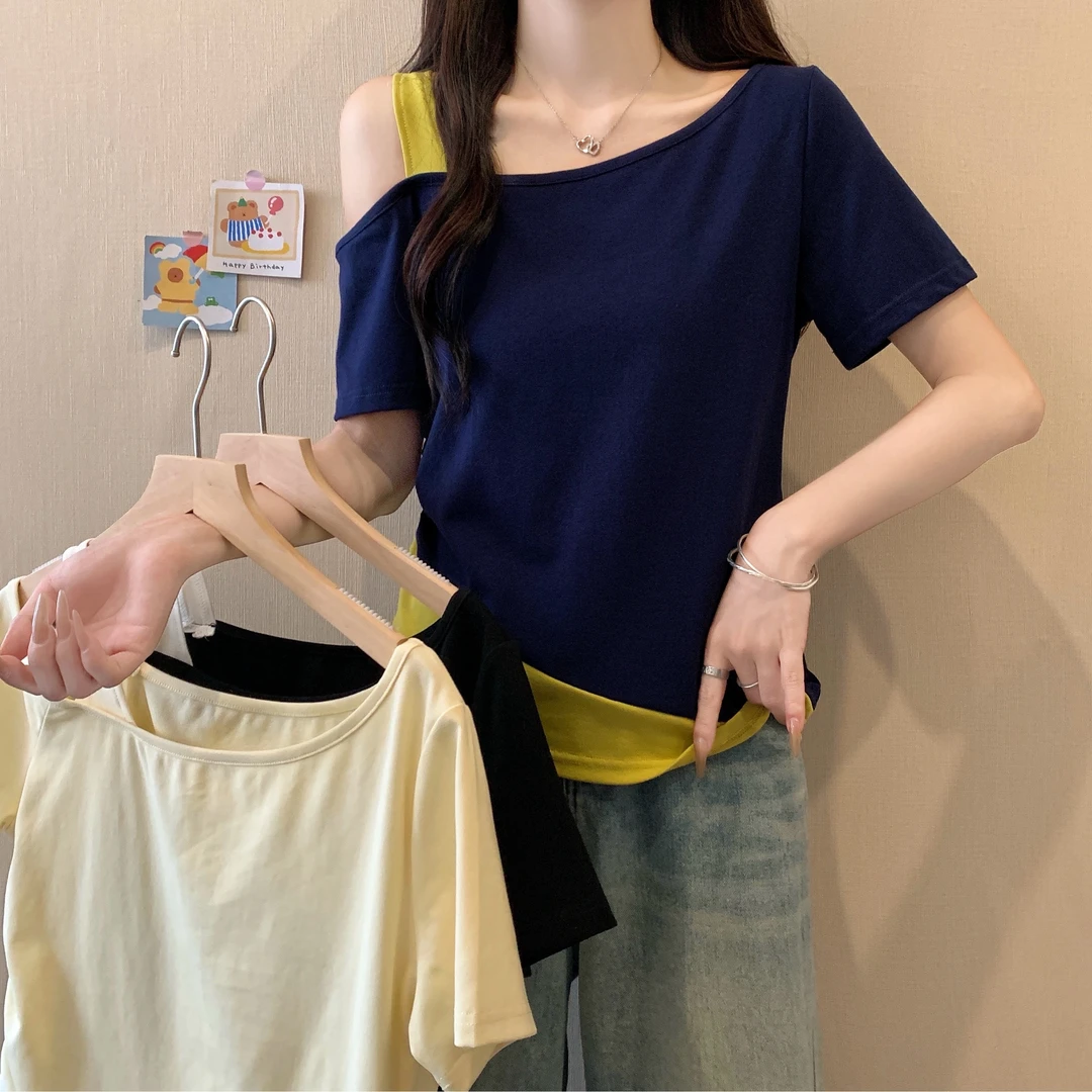 2025夏季新款夏装大码女装胖mm设计感小众拼色百搭假两件露肩T恤