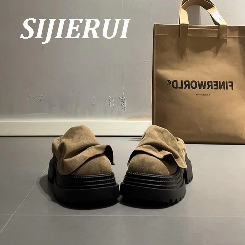 SIJIERUI复古新款设计厚底小个子勃肯鞋女一脚蹬磨砂皮包头拖鞋女