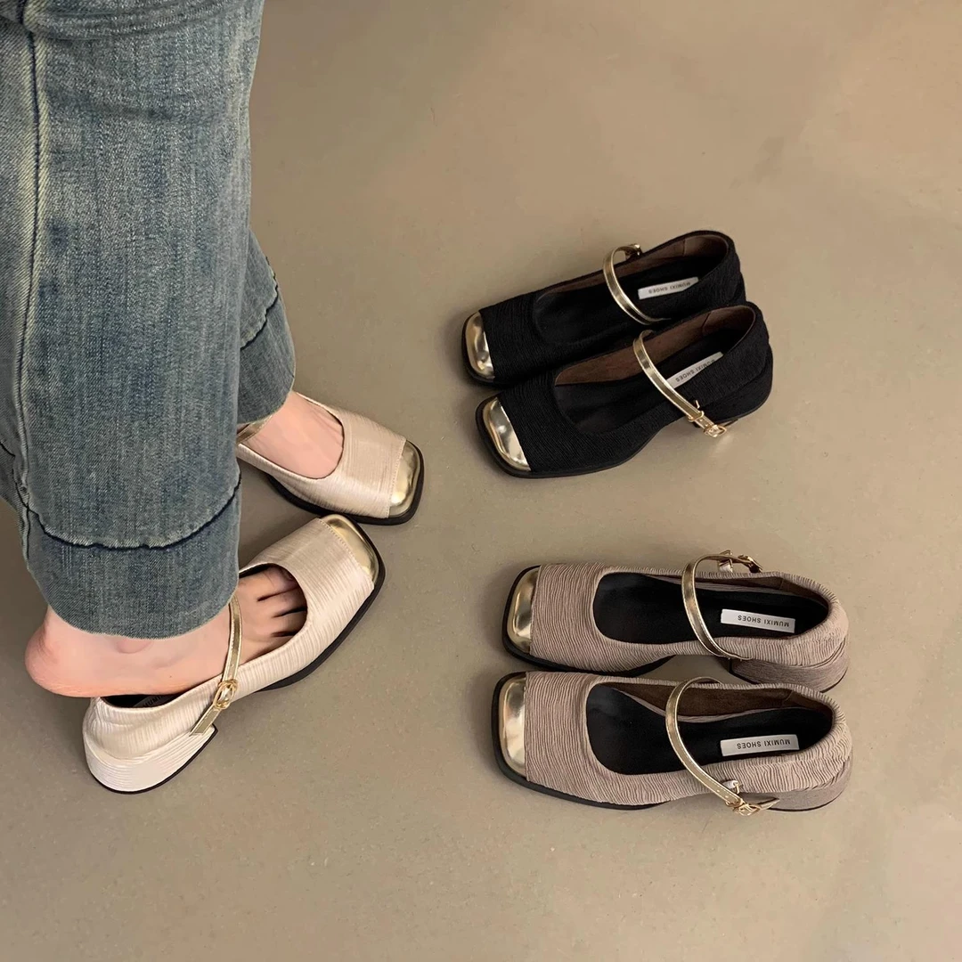 她他百伦头浅口粗跟单鞋女2024春夏新款法式气质仙女高跟玛丽珍鞋