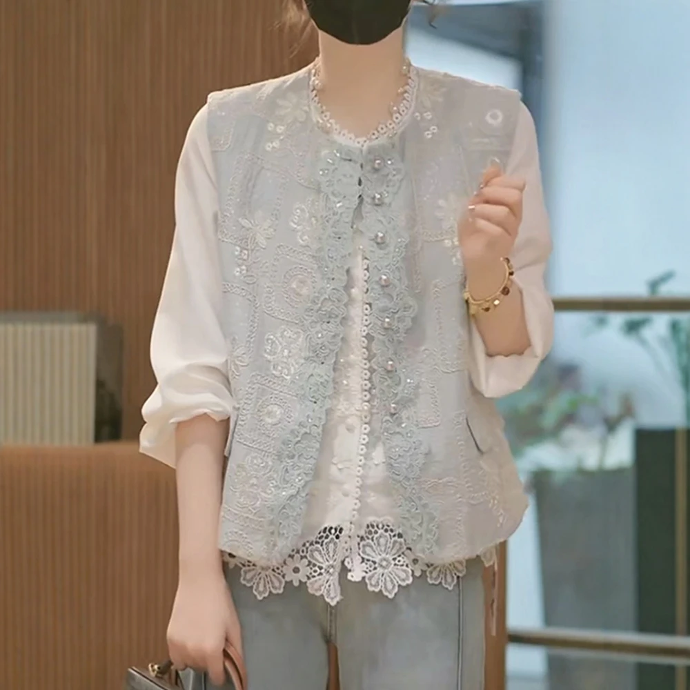 【小沫家】重工蕾丝花边马甲外套女2025春季新款时尚洋气小个子上衣
