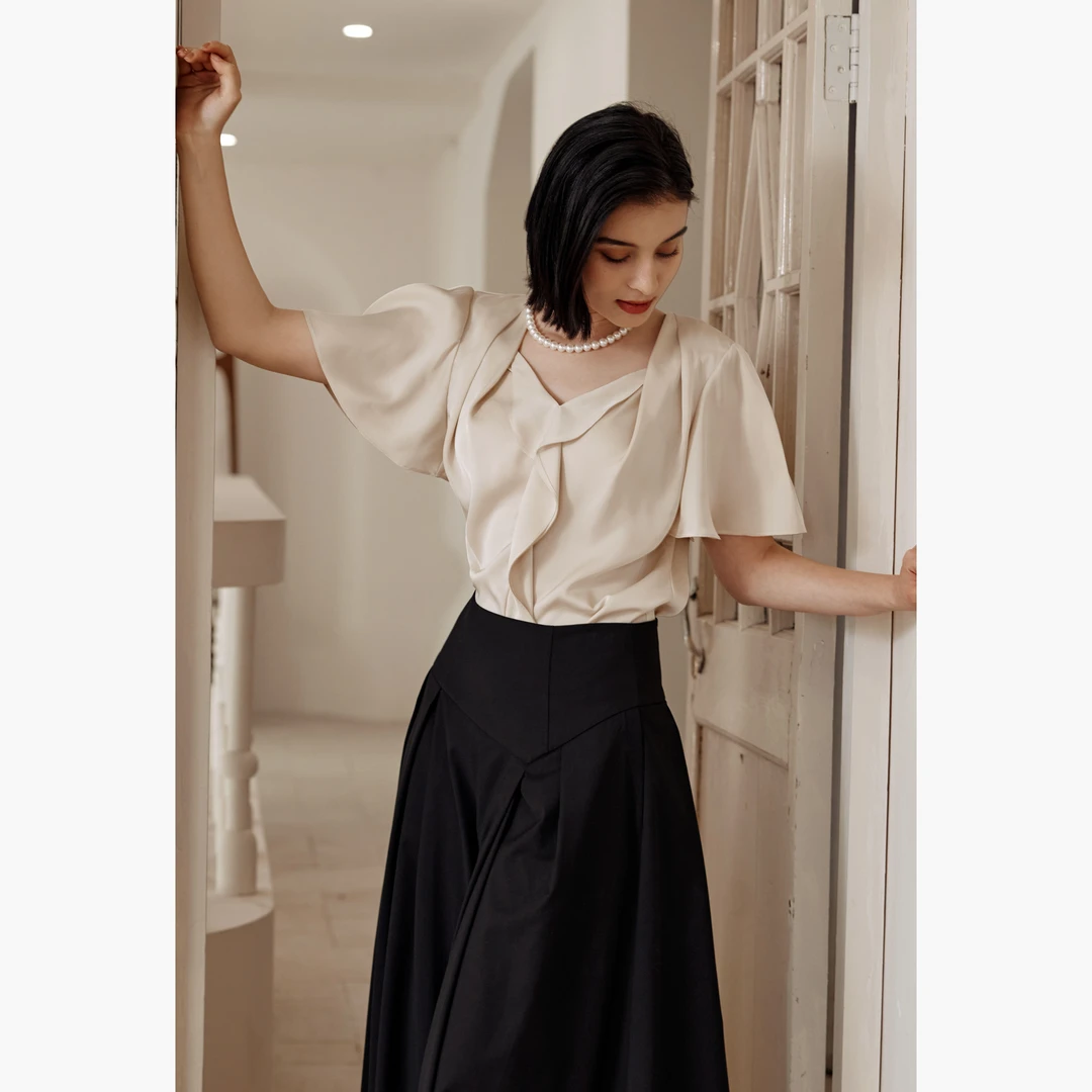 【圣托里尼】法式浪漫高级感立裁感夏季V领假两件领口短袖上衣