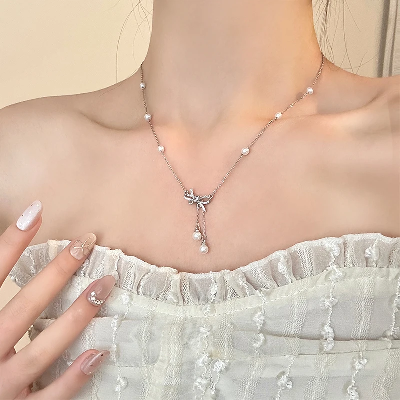 钛钢项链 蝴蝶结贝珠流苏锁骨链女甜美小众设计高级轻奢配饰7330