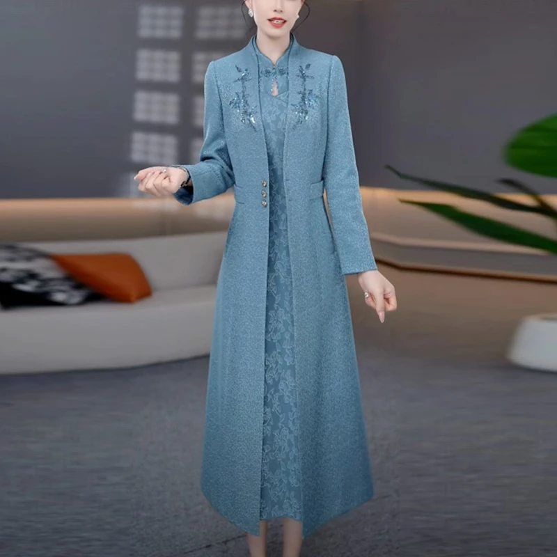 国风中长款洋气连衣裙套装秋季新款爆款气质高级感显瘦两件套裙子