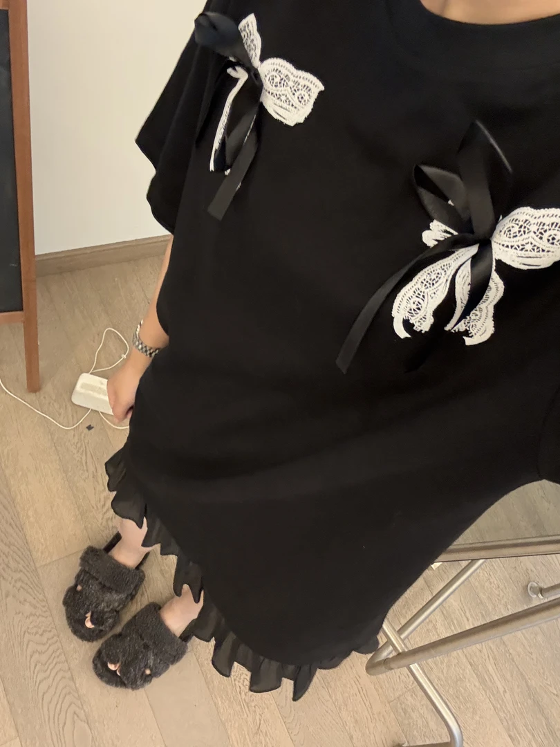 【俩个蝴蝶结裙】短袖休闲百搭大码时尚夏季宽松潮流印花圆领