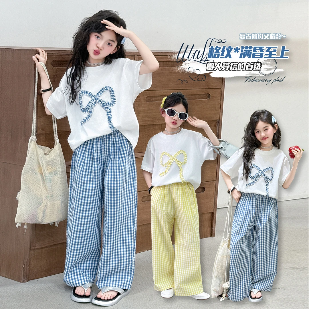 女童短袖套装夏季韩版女孩薄款T恤洋气两件套大童上衣格子休闲裤