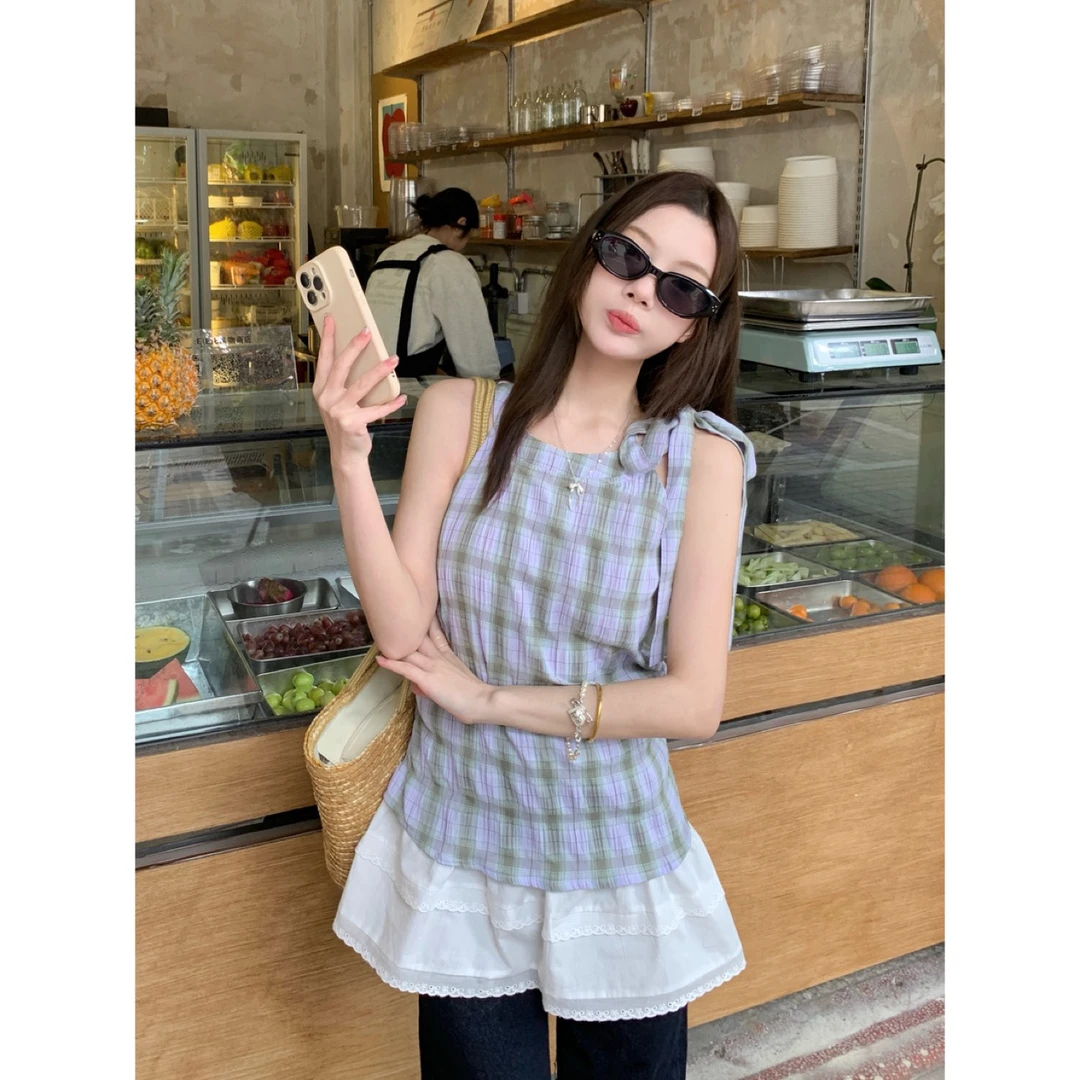 甜美蕾丝拼接挂脖连衣裙上衣女夏季新款甜辣可盐可咸高级感