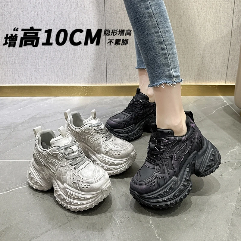 头层牛皮10CM内增高老爹鞋女2025秋冬新款小个子显高运动做旧女鞋