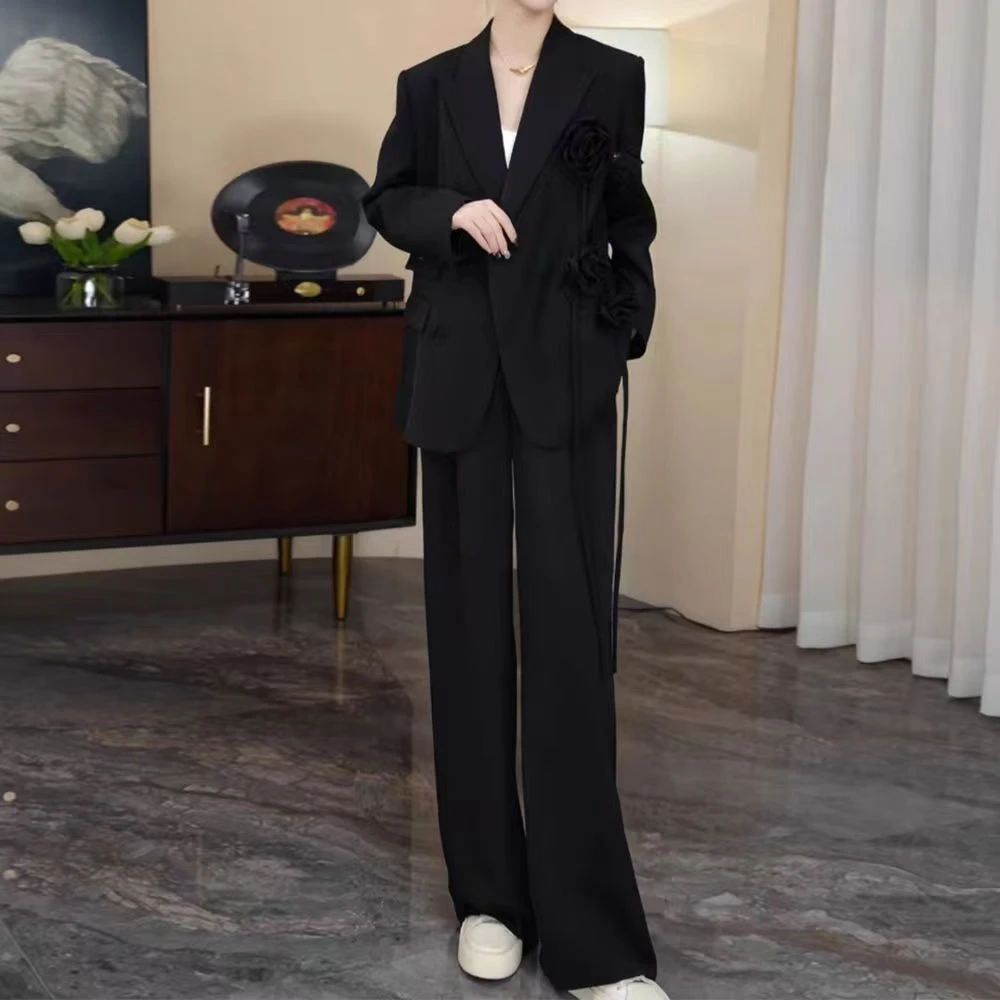 2025春秋新款高级感气质时尚立体花朵西装套装女阔腿裤炸街两件套
