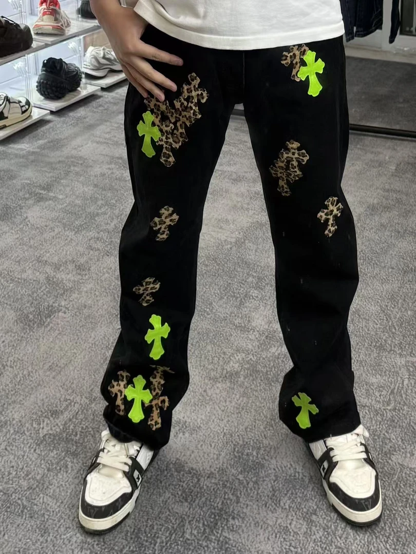 【CH豹纹】高街十字架美式休闲显瘦水洗复古贴皮裤子做旧牛仔裤