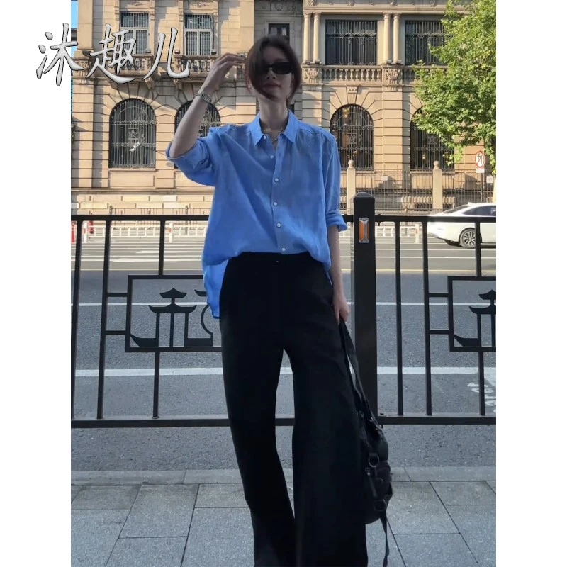 夏季韩系穿搭干练气质高级感巨好看大方得体蓝色亚麻阔腿短裤套装