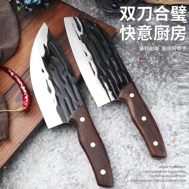 网红菜刀手工锻打锤纹木柄刀厨房刀具家用切片刀女士斩切猪肉刀