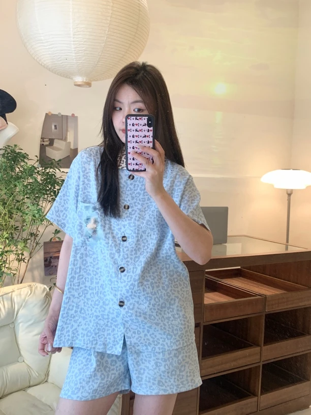 【豹纹Kitty】日系可爱豹纹黑皮KT少女睡衣夏季短袖休闲套装家居服