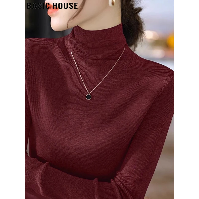 Basic House/百家好本命年红色高领针织打底衫女内搭秋季软糯毛衣