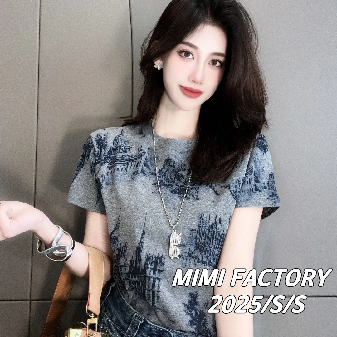 芈芈- 2025早春新款 欧货城堡印花短袖T恤女修身显瘦时尚#2791