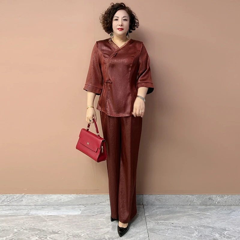 H夏季经典桑蚕丝洋气提花V领旗袍衫中老年阔腿裤宽松大码两件套装