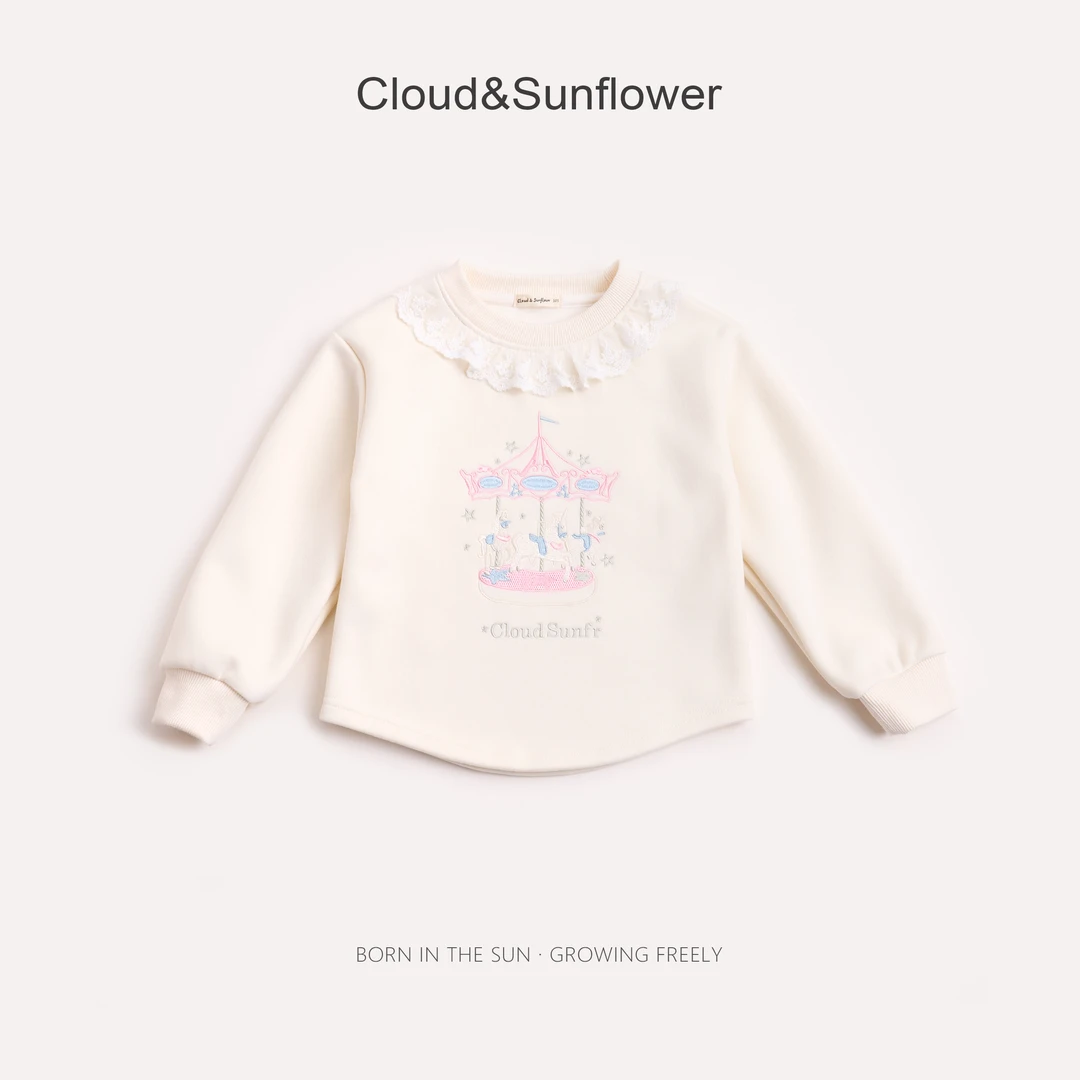 【云朵小葵】女童秋季圆领蕾丝边旋转木马长袖卫衣252819