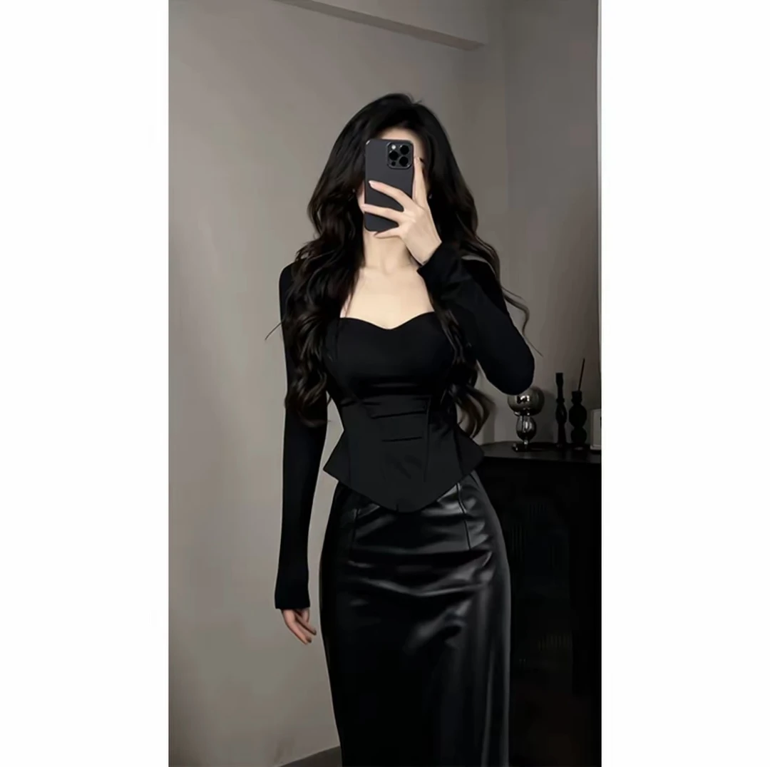 辣妹纯欲风方领修身坎肩长袖上衣女2025秋季新款包臀半身裙套装