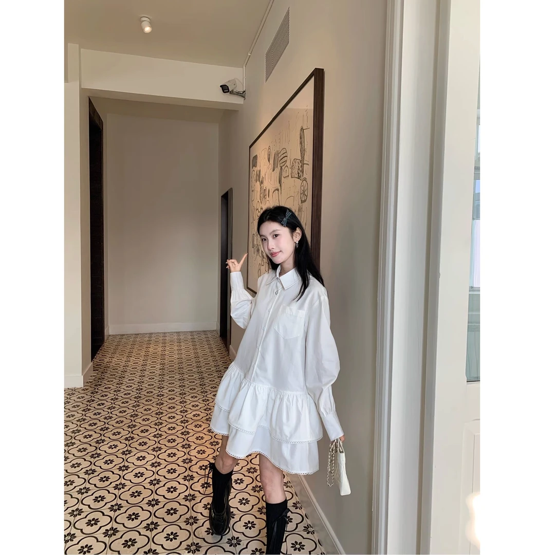 优质质量花房少女蕾丝花边小众a字裙春夏长袖白色衬衫连衣裙子