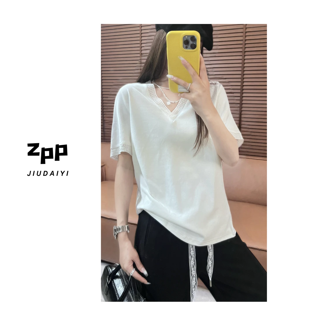玖黛衣现货【幽夏】新款V领蕾丝边纯色高级显瘦短袖T恤TXP38213