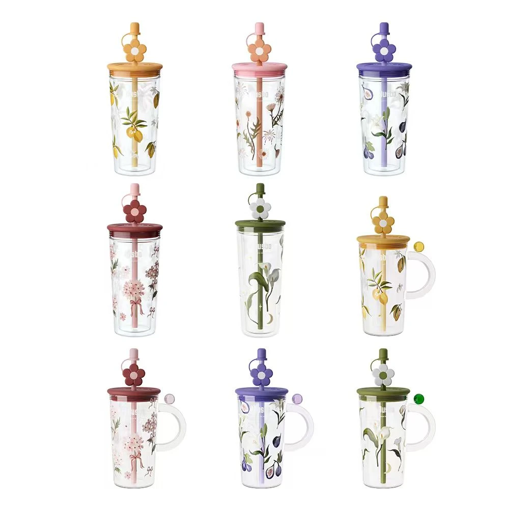 Ousbo仲夏印花玻璃水杯大容量女生办公室吸管杯夏耐高温饮品杯子