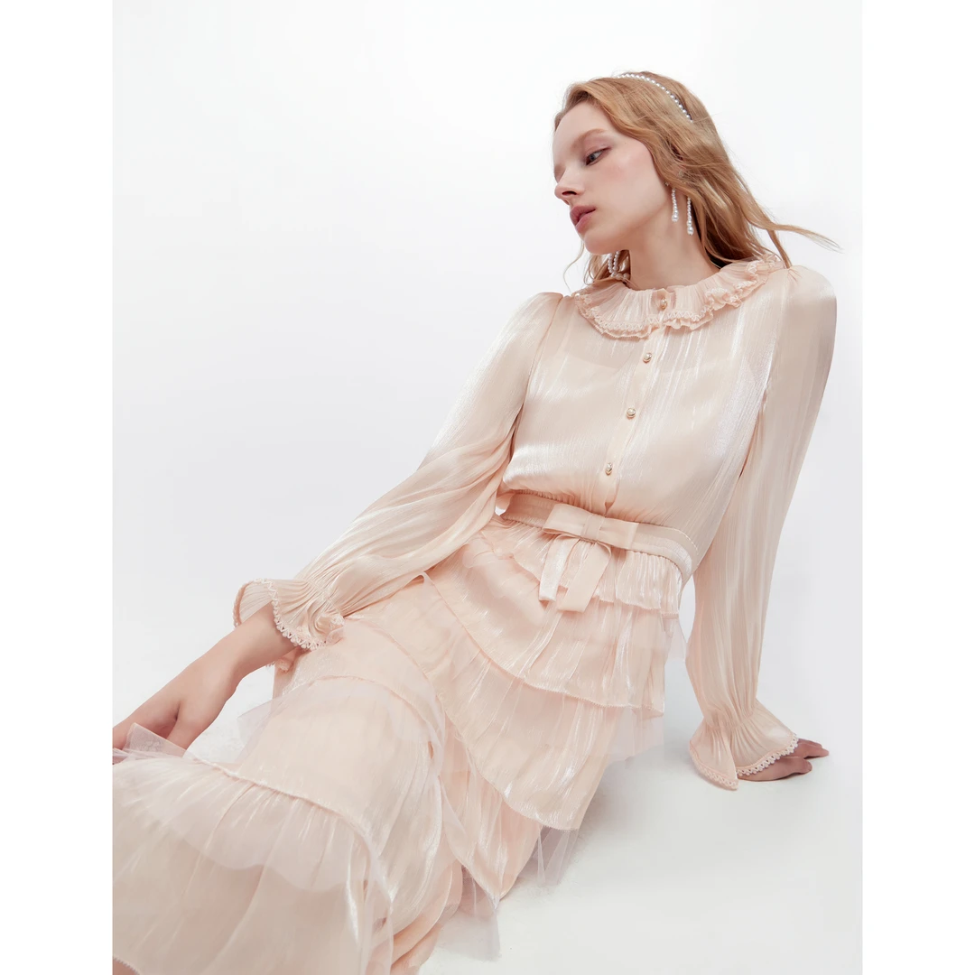 MISSCOCOON可可尼蝴蝶结蛋糕裙女2025冬季新款千金风灯笼袖连衣裙