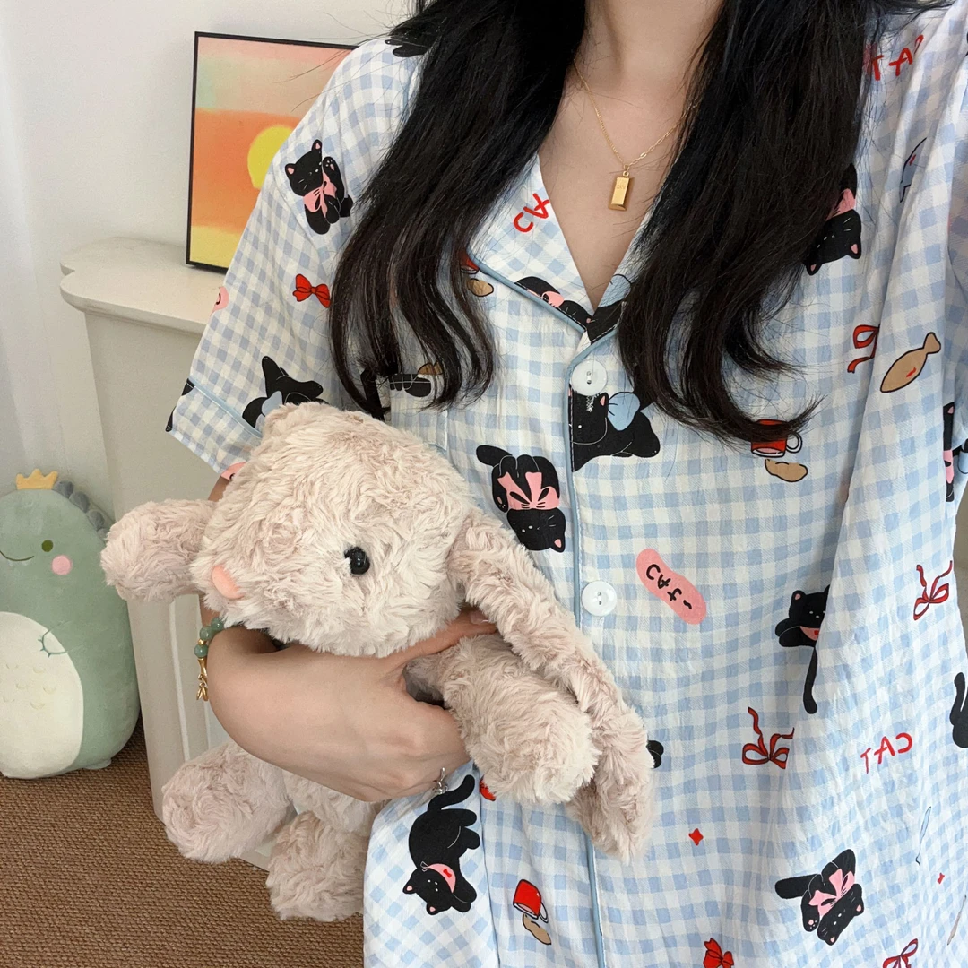 『蓝格小黑猫』短袖三件套夏季新款ins简约女睡衣可外穿宽松居家服