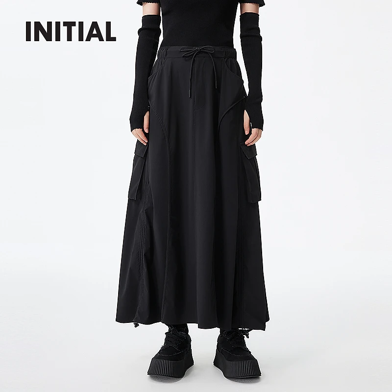 INITIAL25秋季新款户外工装风黑色长款抽绳半身裙女25FKTFMCVV583