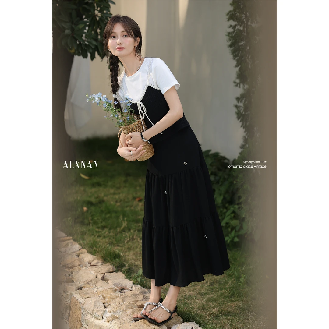 鹿向南「粉丝福利」优雅假两件短袖t恤收腰半身裙套装女L53962