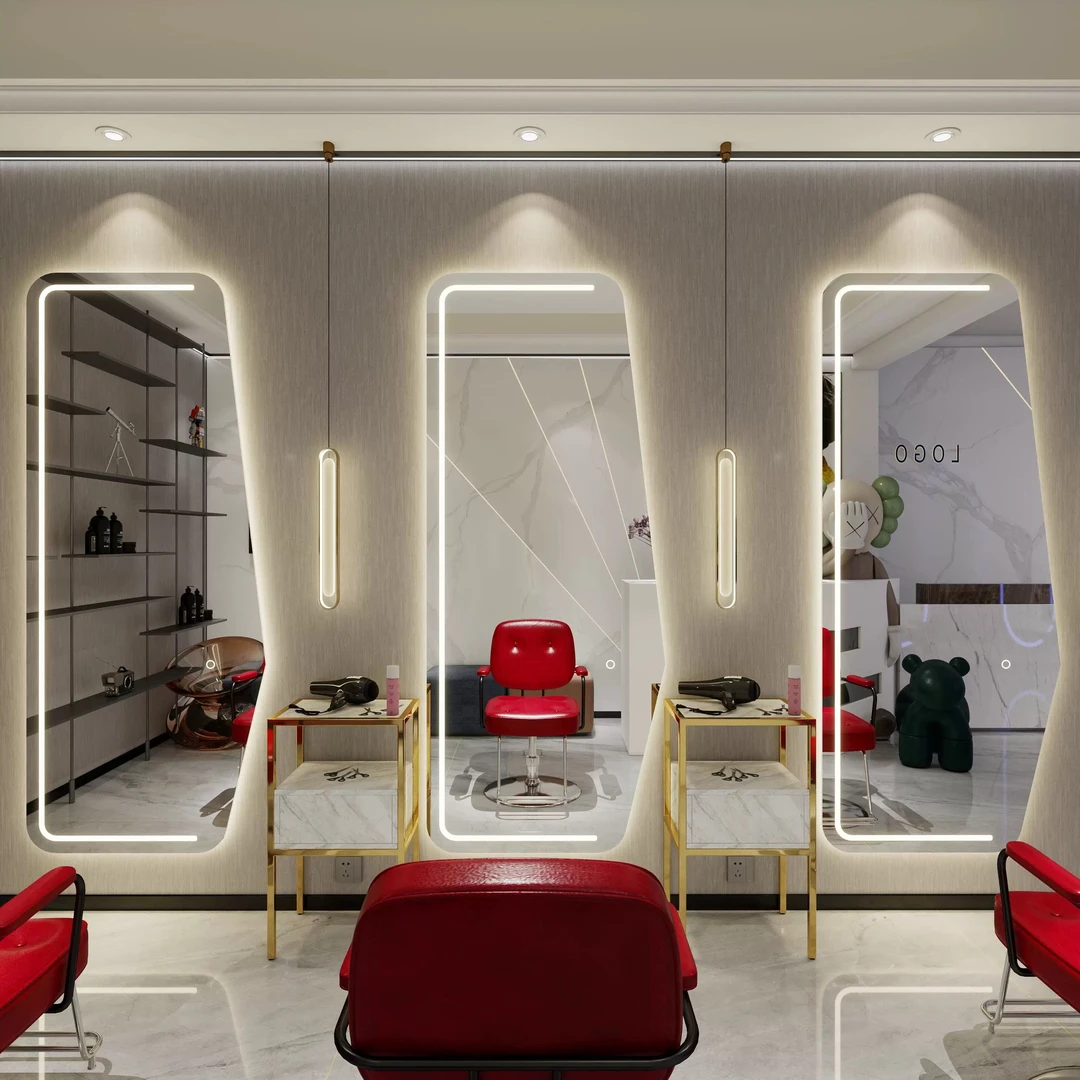 网红美发镜子理发店专用镜台LED带灯挂墙智能镜