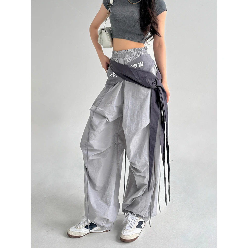 辣妹宽松撞色弯刀工装裤宽松爵士hiphop阔腿跳舞裤女夏薄薄款