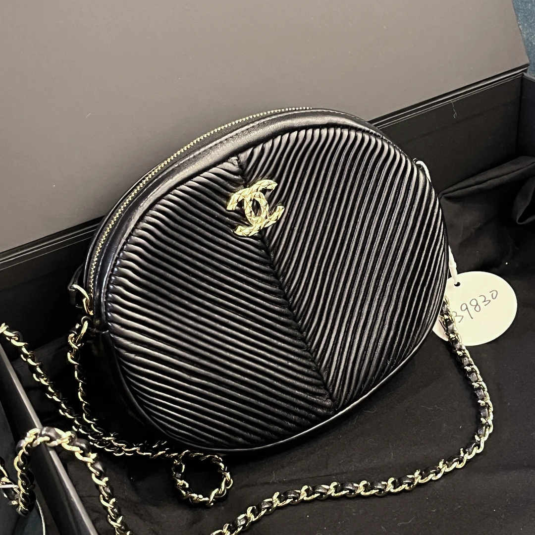 95新 Chanel/香奈儿 夏七中古/黑金斜纹圆饼单肩包/1239830