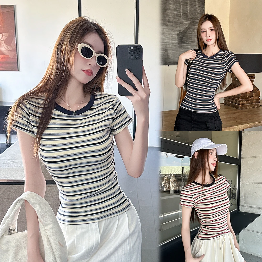 戈缕条纹正肩短袖t恤女2025夏季新款圆领修身显瘦百搭辣妹上衣