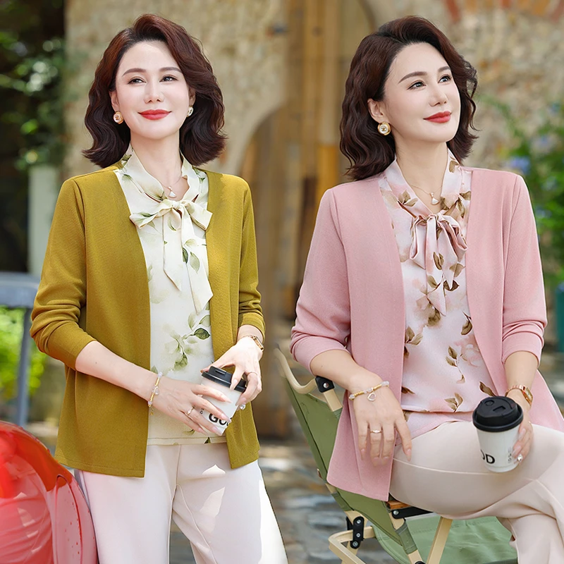 妈妈装秋季假两件针织打底长袖小衫气质中老年人女春装T恤两件套