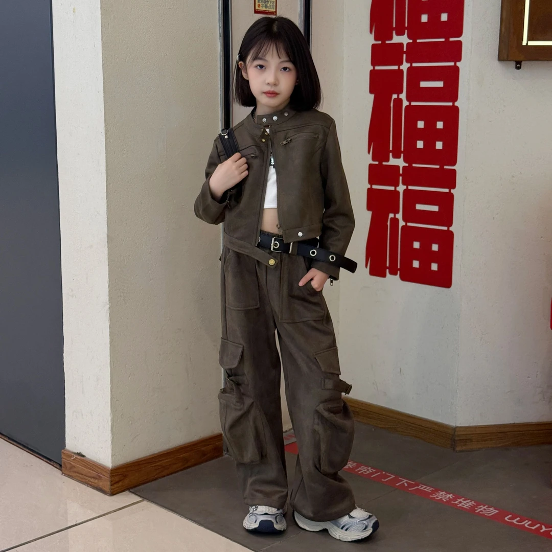 女童工装套装春装2025新款中大儿童春秋复古短款外套阔腿裤两件套